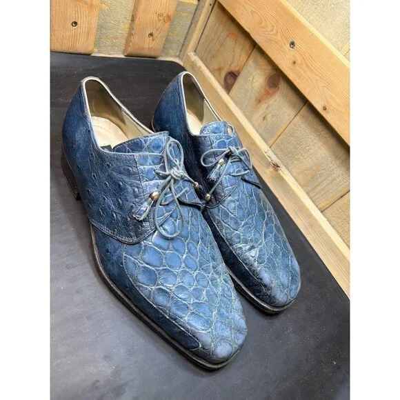 Fennix Italy Genuine Alligator Leather Mens Exotic Dress Shoes Sz 8.5 Blue RARE
